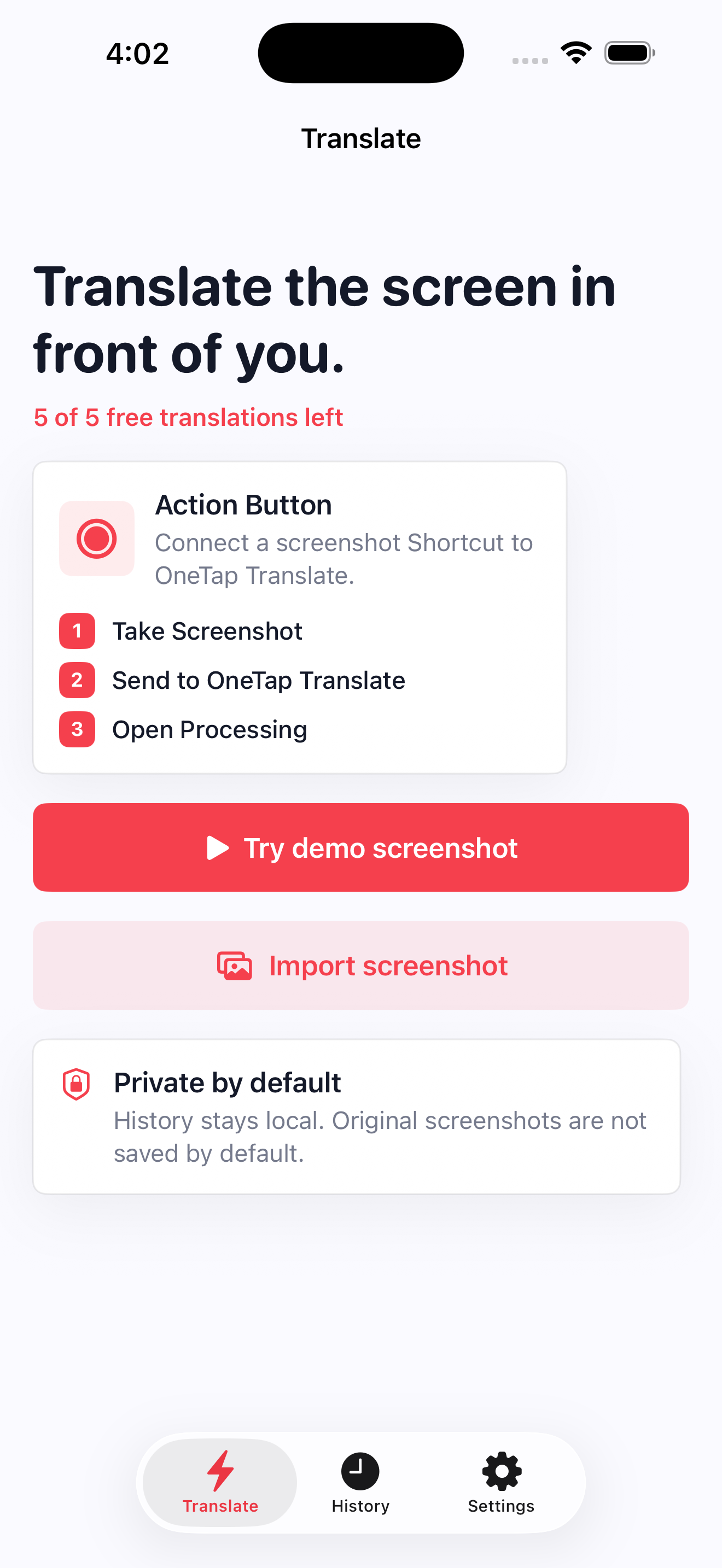 Action Button setup screen in OneTap Translate