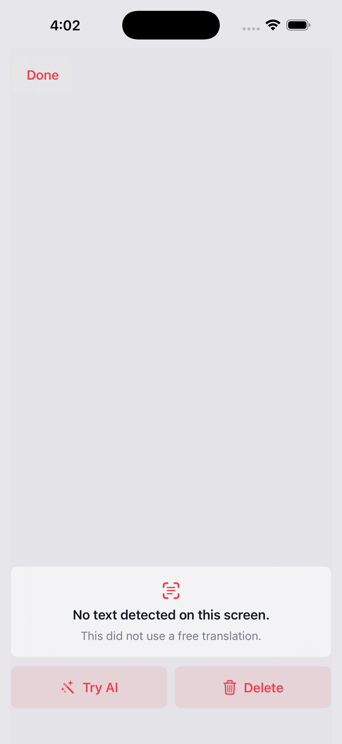 No text found screen in OneTap Translate